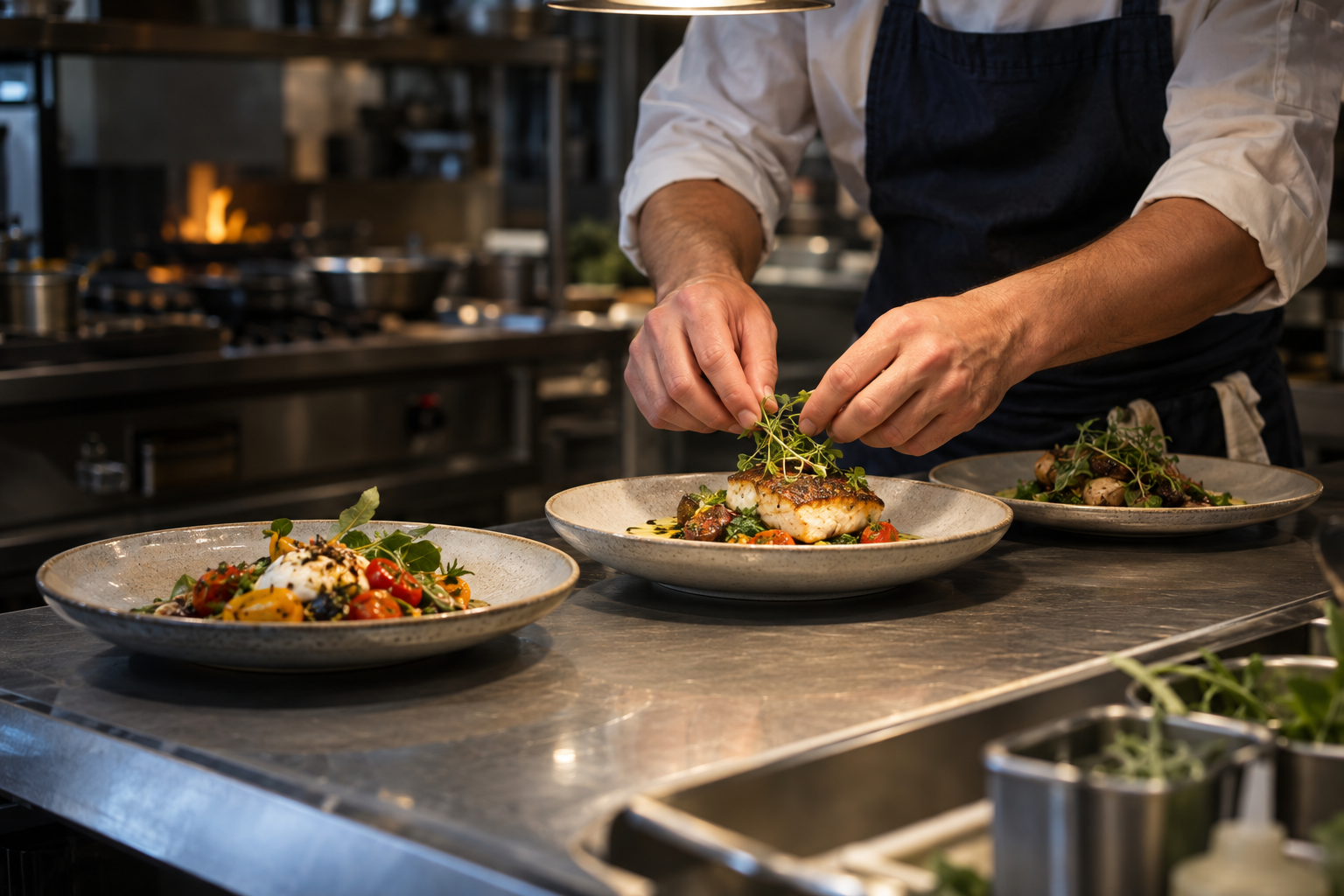 A chef finishing plates at a restaurant kitchen pass
