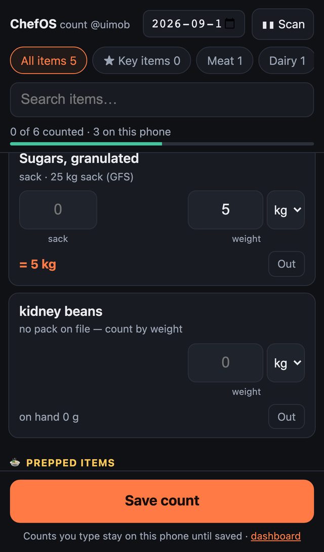 Actual ChefOS mobile count screen with shelf units, barcode scanning and a Save count button