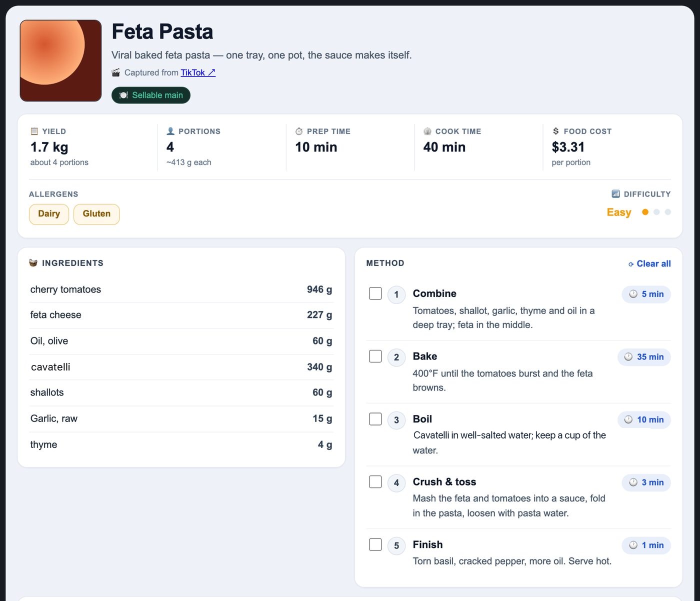 ChefOS recipe card showing Feta Pasta, ingredient quantities, preparation steps, dairy and gluten tags, and $3.31 food cost per portion in a demo kitchen